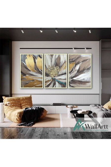 Flower with Gold Foil 3 Piece 3d Heavy Textured Partial Oil Painting
